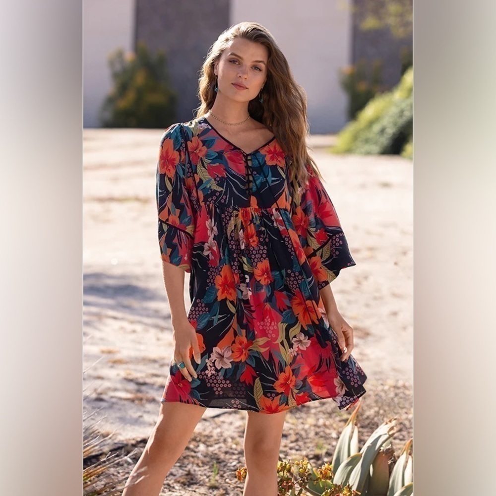 Johnny Was Women’s Gia Floral Mini Dress Multi-colored Silk Tiered Boho Mini